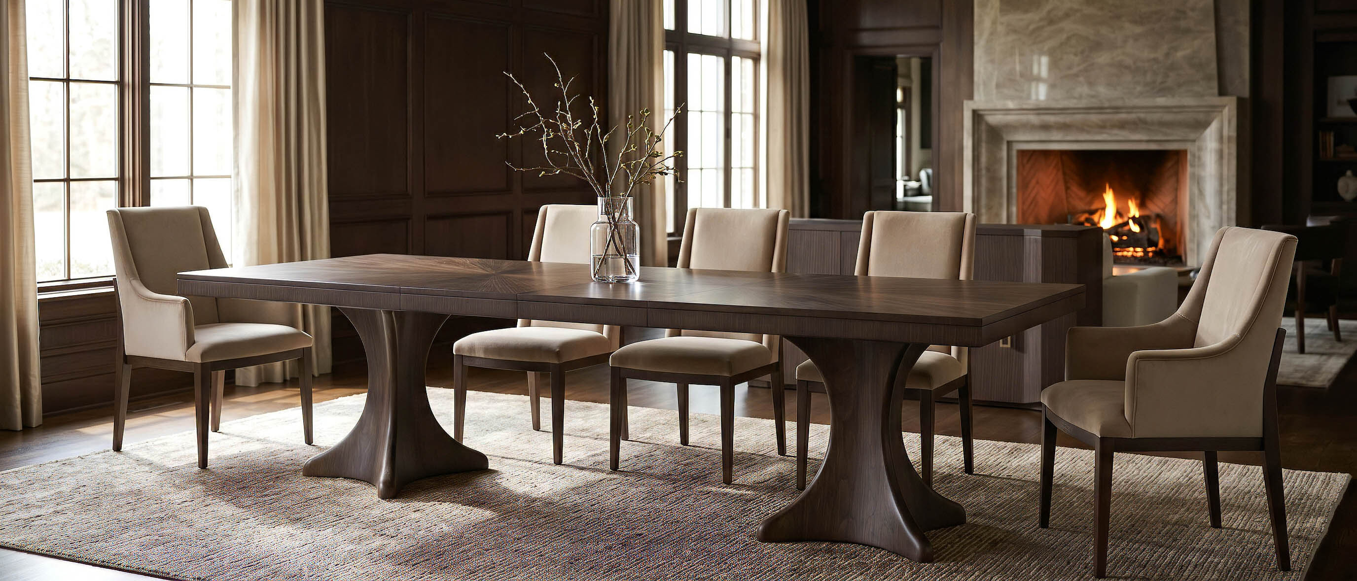 A richly panelled dining room with a sculptural walnut table