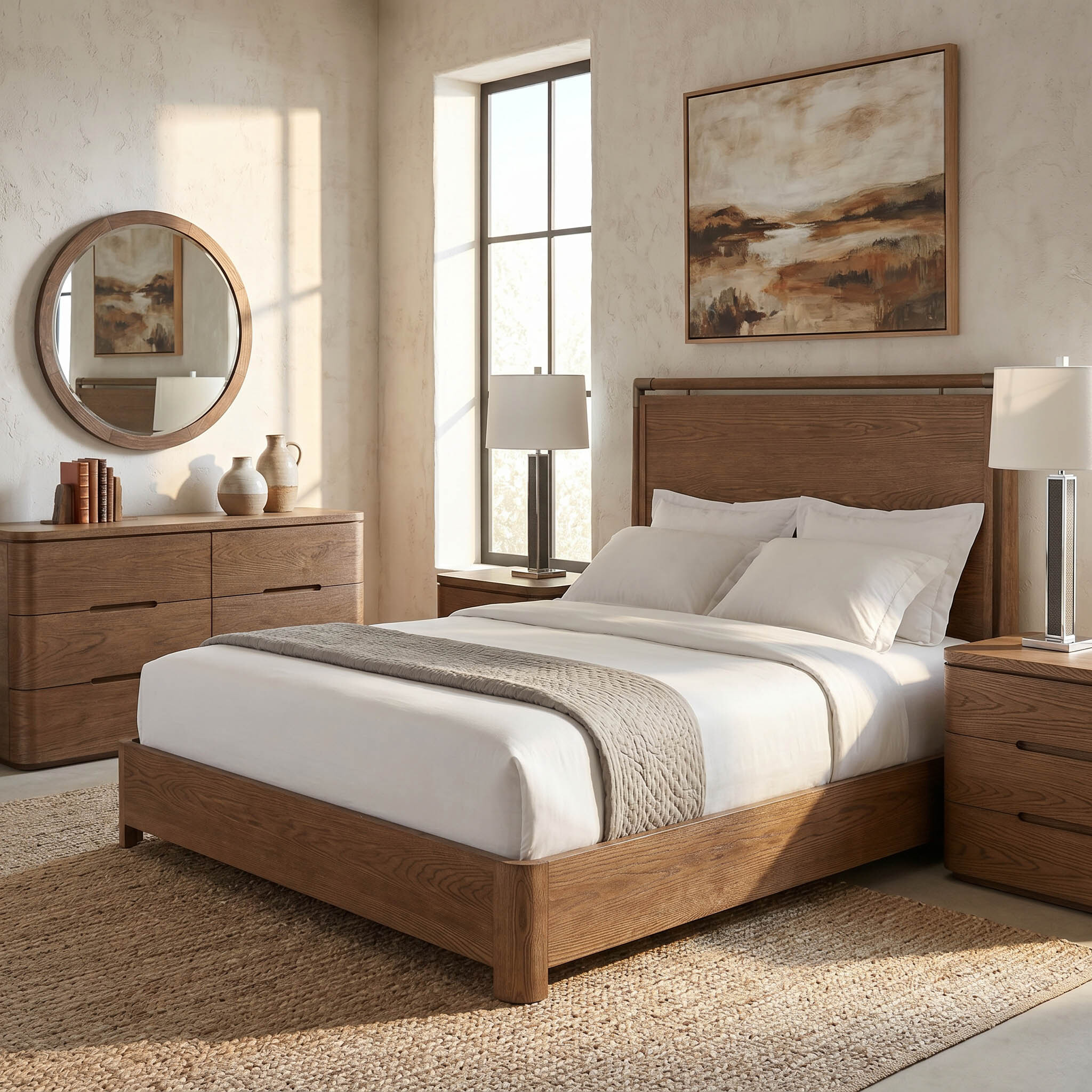 A Bryant bedroom composed in warm oak and soft neutrals