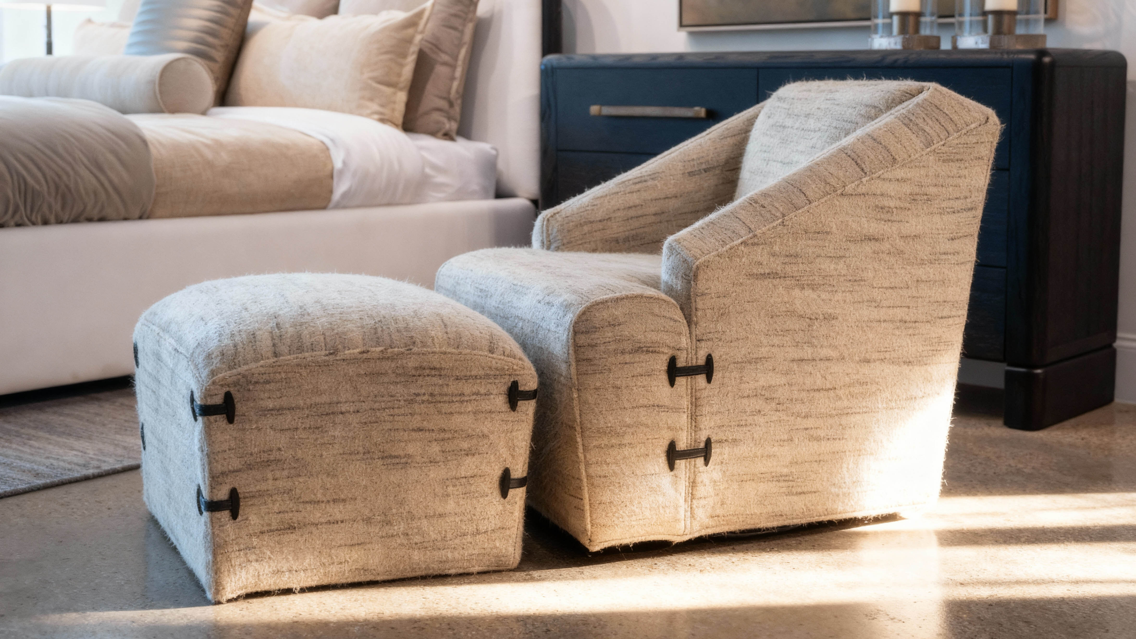 A considered seating vignette bathed in natural light